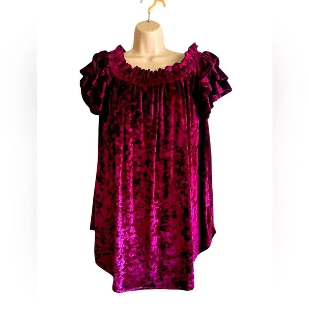 Umgee Womens Ruffle Off the Shoulder Maroon Terry Cloth Perfect for Holiday